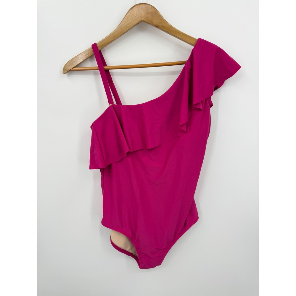 Kona Sol Ruffle One Shoulder Swimsuit Women 14 Magenta Pink Asymmetrical 1-Piece